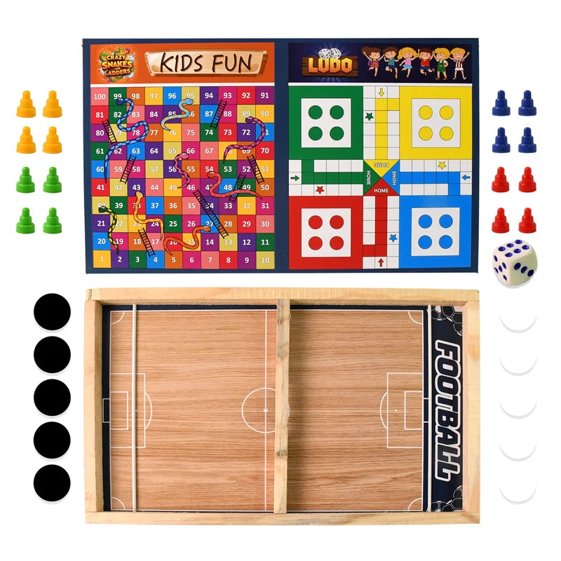 Wooden Board Game Set Ludo Snakes Ladders And Desktop Football (3-in-1)